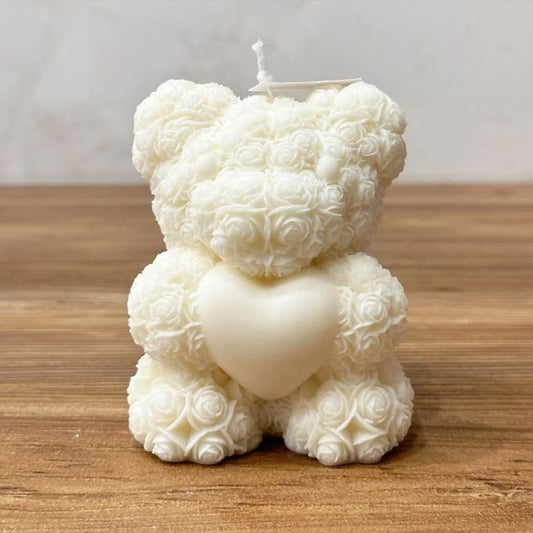 Teddy with a Heart Pillar Candle (WHITE)