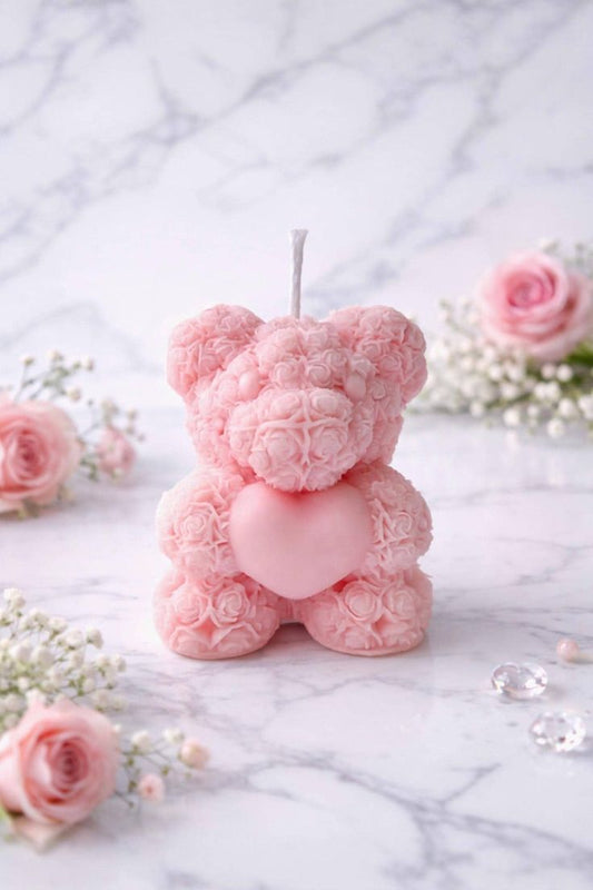 Teddy with a Heart Pillar Candle (PINK)