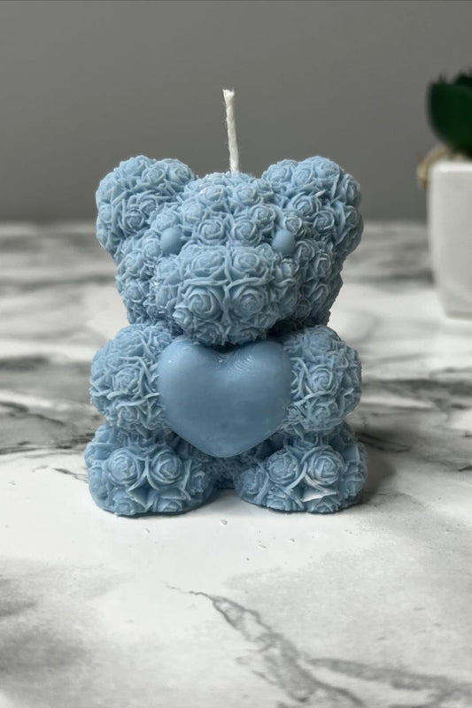 Teddy with a Heart Pillar Candle (BLUE)