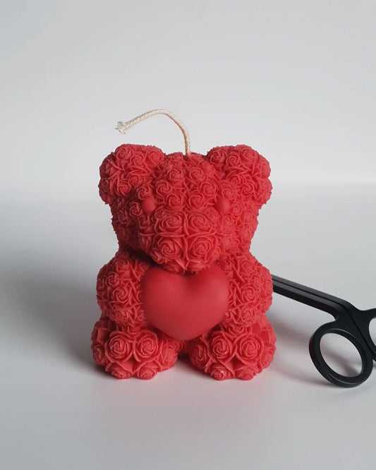 Teddy with a Heart Pillar Candle (RED)